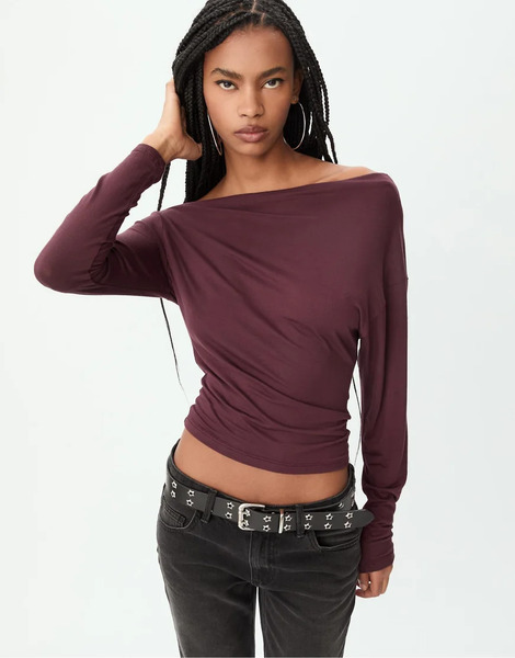  Stradivarius Asymmetrical Neckline Top In Burgundy Red 