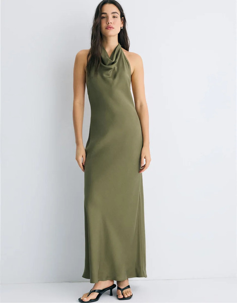  Stradivarius Backless Halter Maxi Dress In Olive Green 