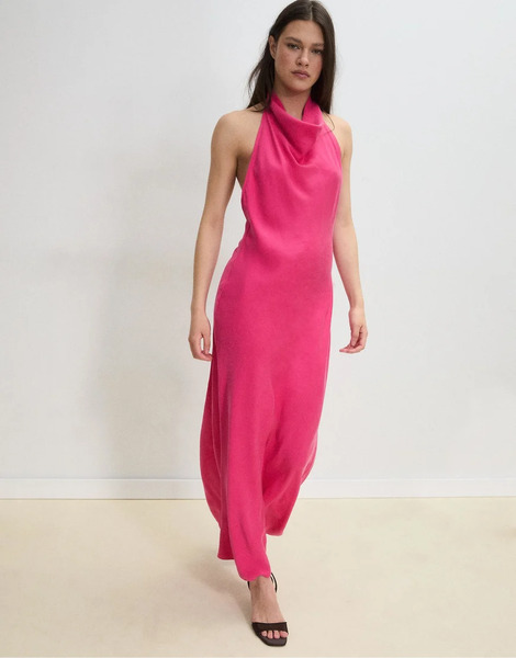  Stradivarius Backless Halter Midi Dress In Fuchsia Pink 