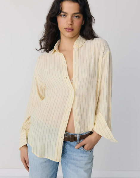  Stradivarius Basic Double Fabric Shirt In Gold Yellow 