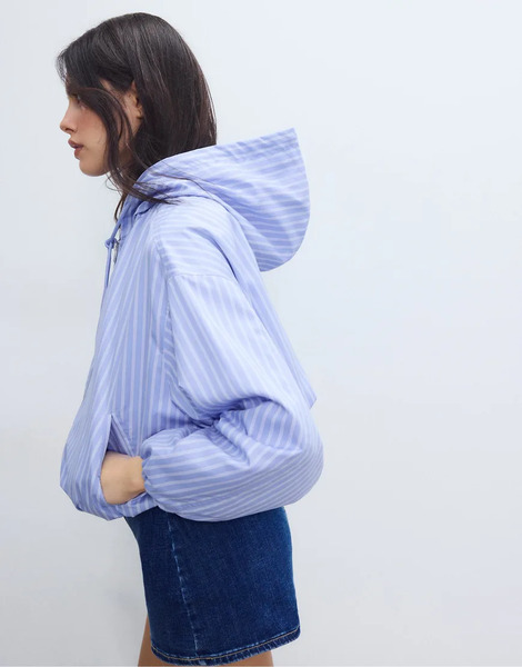  Stradivarius Basic Striped Nylon Hooded Jacket In Sky Blue 
