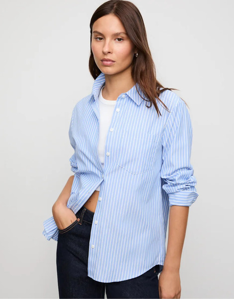  Stradivarius Basic Striped Poplin Shirt With Pocket In Denim Blue 