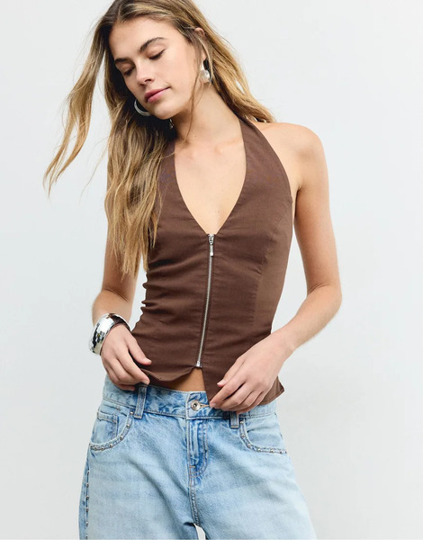  Stradivarius Bengaline Halter Top In Brown 