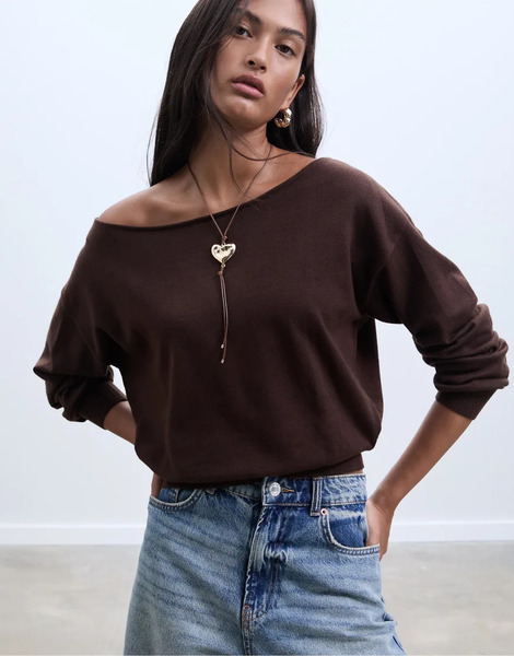  Stradivarius Boat Neck Knit Sweater In Brown 