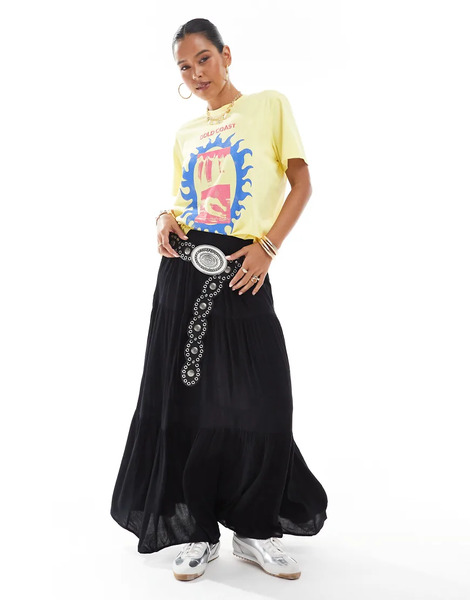 Stradivarius Boho Midi Skirt In Black 