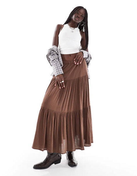  Stradivarius Boho Midi Skirt In Brown 
