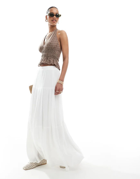  Stradivarius Boho Midi Skirt In White 
