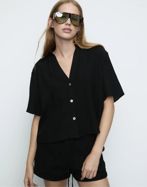  Stradivarius Button Up Flowing Shirt In Black 