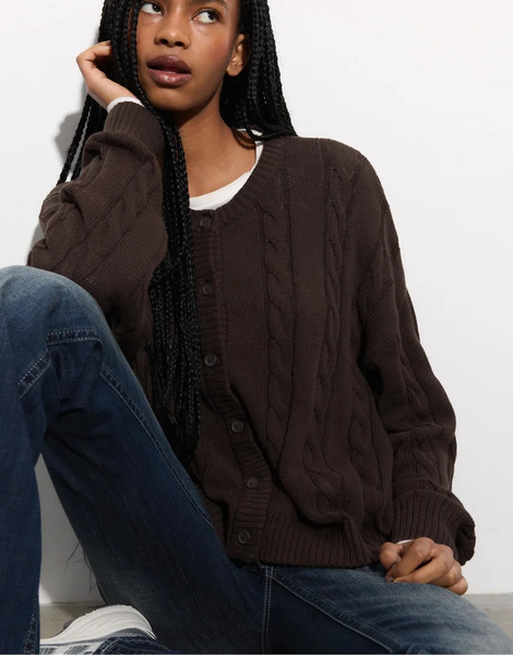  Stradivarius Buttoned Cable Knit Cardigan In Brown 