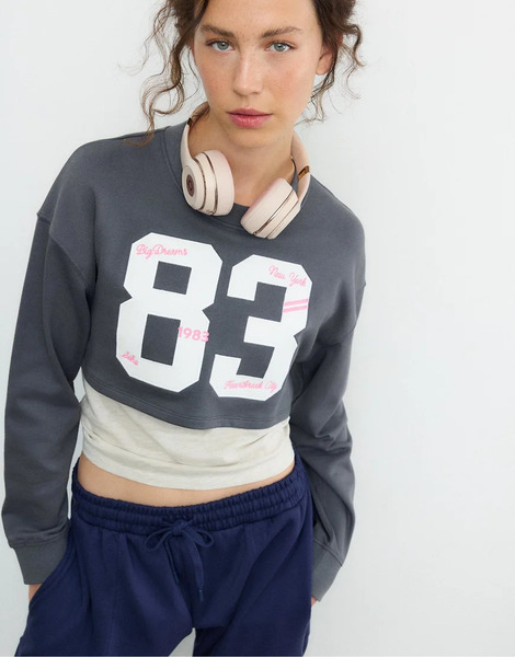  Stradivarius Combined Embroidered Sweatshirt In Dark Grey 