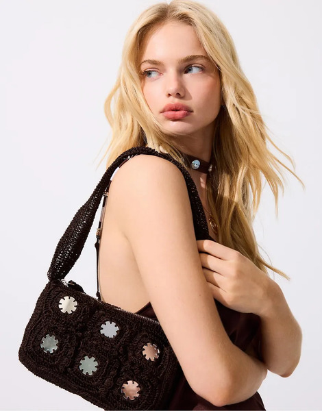  Stradivarius Crochet Shoulder Bag With Mirrors In Brown 