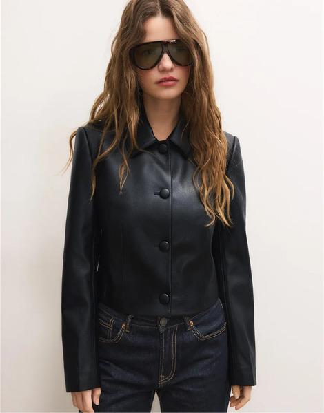  Stradivarius Crop Leather Effect Blazer In Black 