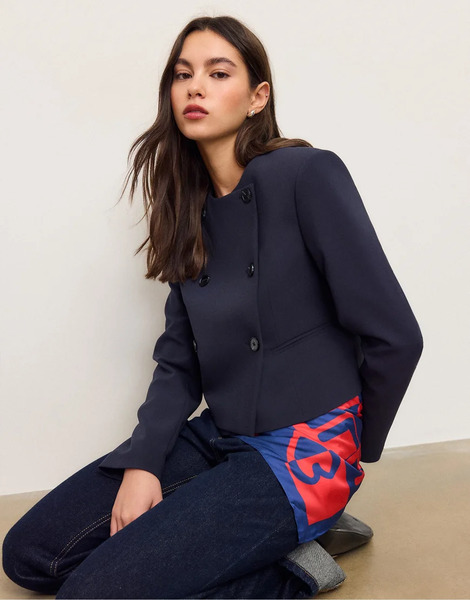  Stradivarius Cropped Round Neck Blazer In Navy Blue 