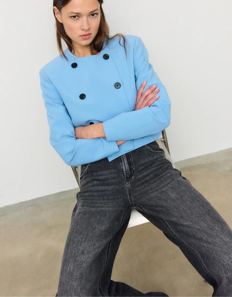  Stradivarius Cropped Round Neck Blazer In Sky Blue 