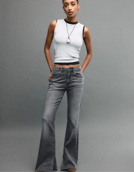 Stradivarius D74 Bell Bottom Jeans With Split In Grey Denim Wash 