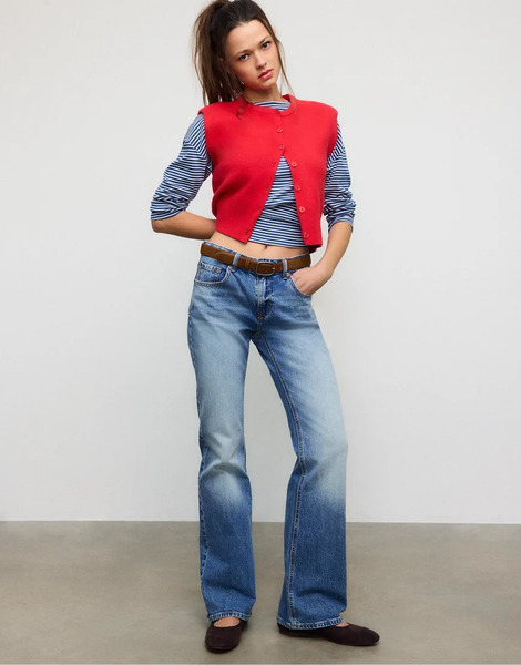  Stradivarius D68 Boot Cut Fit Jeans With Belt In Medium Blue Denim 