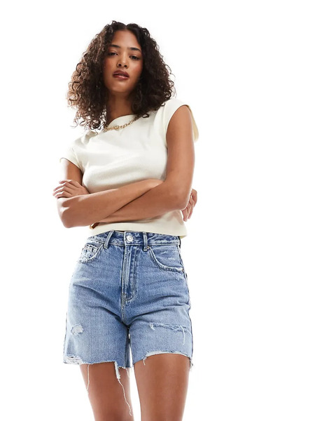  Stradivarius D93 Longline Denim Shorts In Dyed Blue 