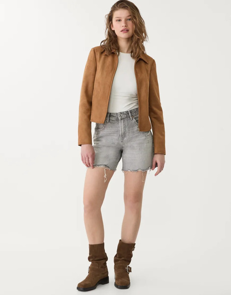  Stradivarius D93 Longline Denim Shorts In Medium Grey 