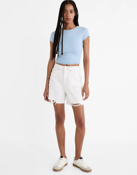  Stradivarius D93 Longline Denim Shorts In White 