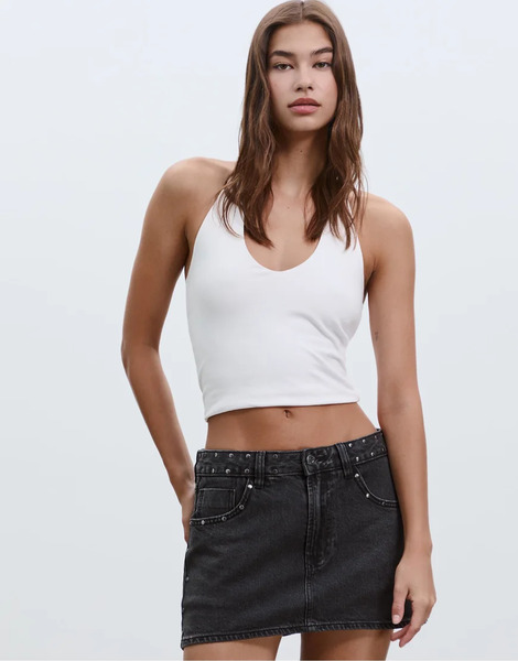  Stradivarius D62 Studded Denim Skort In Black Denim Washed Effect Grey 