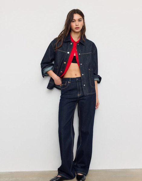  Stradivarius Denim Jacket With Pockets In Rinse Blue Denim 