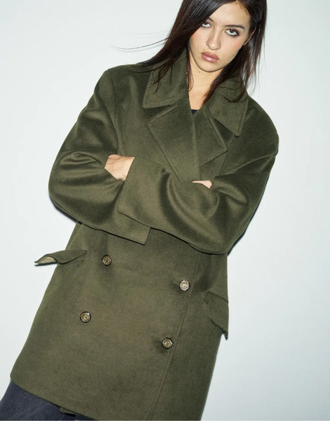  Stradivarius Double Breasted Coat In Olive Green 