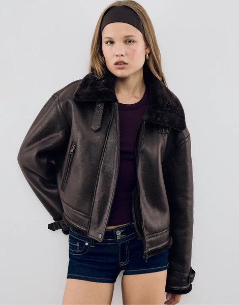 Stradivarius Double Faced Faux Leather Jacket In Brown 