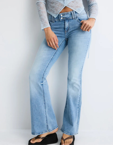  Stradivarius Embroidered Bell Bottom Jeans In Medium Light Blue Denim 