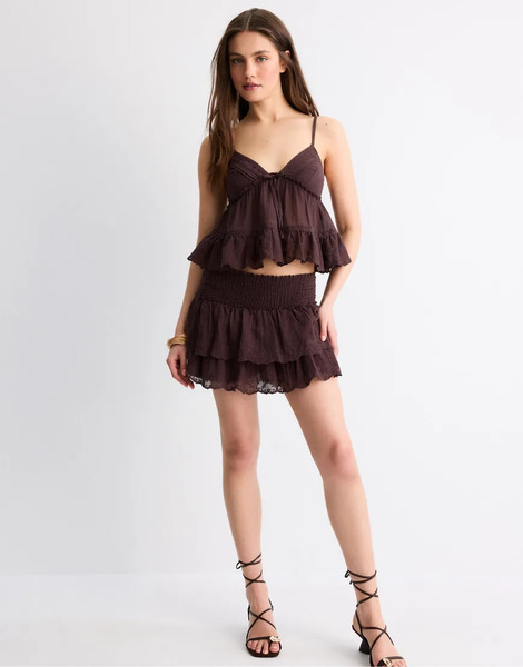  Stradivarius Embroidered Crinkled Skort In Brown 
