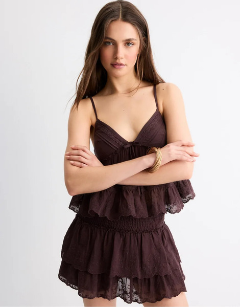  Stradivarius Embroidered Flowing Strappy Top In Brown 