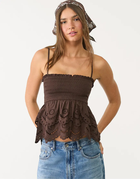  Stradivarius Embroidered Ruffled Top In Brown 