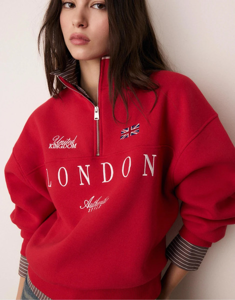  Stradivarius Embroidered Zip Up Sweatshirt In Red 