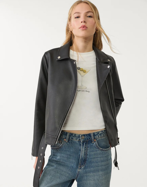  Stradivarius Faux Leather Biker Jacket In Black 