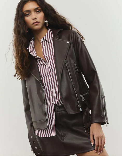  Stradivarius Faux Leather Biker Jacket In Brown 