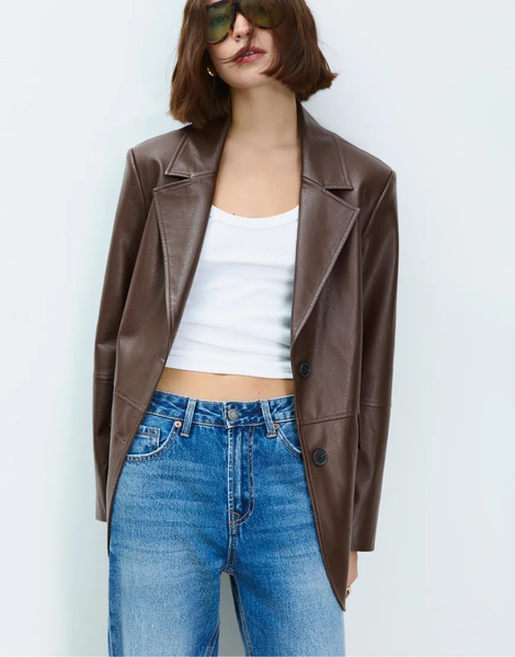  Stradivarius Faux Leather Blazer In Brown 