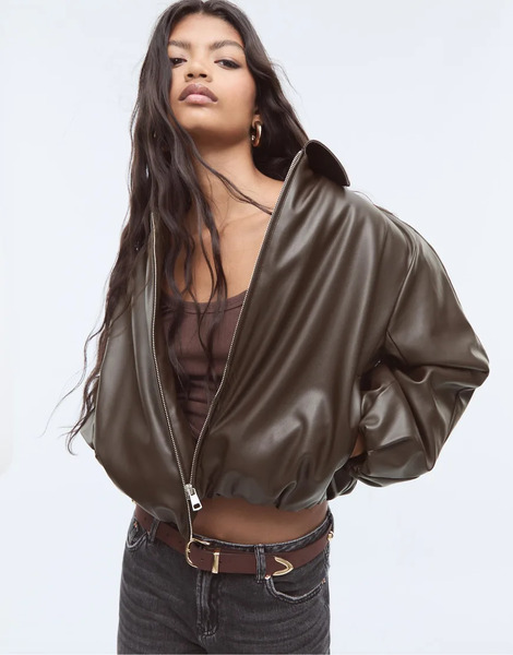  Stradivarius Faux Leather Quilted Bomber Jacket In Brown 