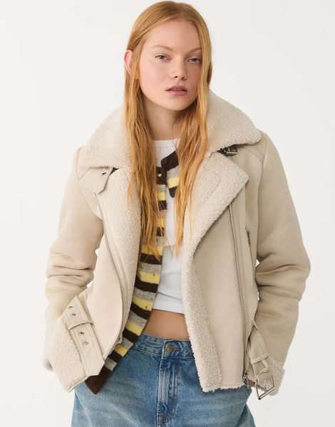  Stradivarius Faux Suede Biker Jacket In Ecru White 