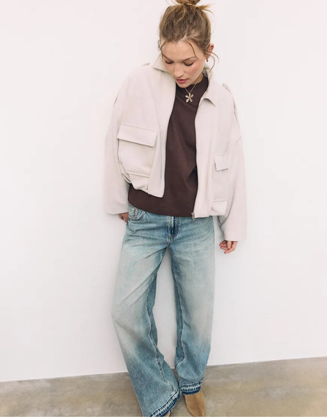  Stradivarius Faux Suede Bomber Jacket In Ecru White 