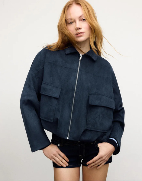  Stradivarius Faux Suede Bomber Jacket In Navy Blue 