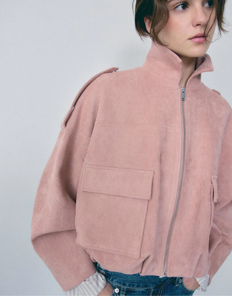  Stradivarius Faux Suede Bomber Jacket In Pastel Pink 