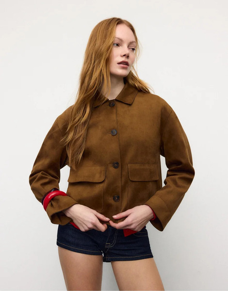  Stradivarius Faux Suede Jacket With Pockets In Pale Camel Neutral 