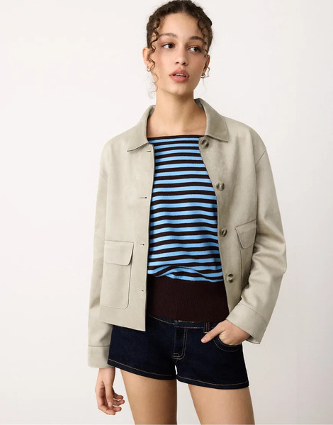  Stradivarius Faux Suede Jacket With Pockets In Stone White 