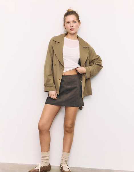  Stradivarius Faux Suede Mini Skort In Brown 