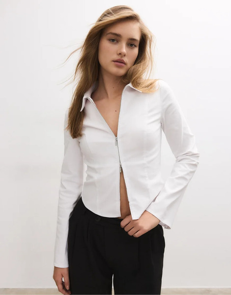  Stradivarius Fitted Double Zip Bengaline Shirt In White 