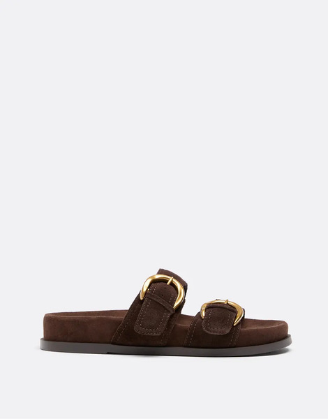  Stradivarius Flat Leather Buckle Sandals In Brown 