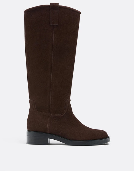  Stradivarius Flat Leather Equestrian Boot In Brown 