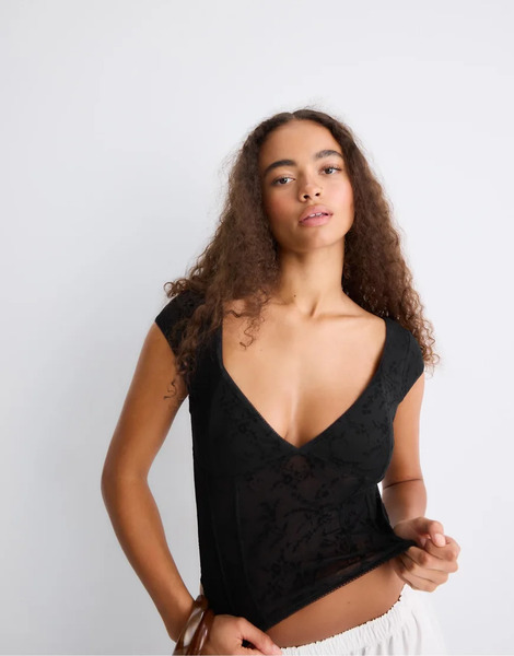 Stradivarius Flocked Bodice Top In Black 