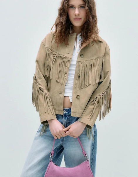  Stradivarius Fringed Leather Jacket In Stone White 