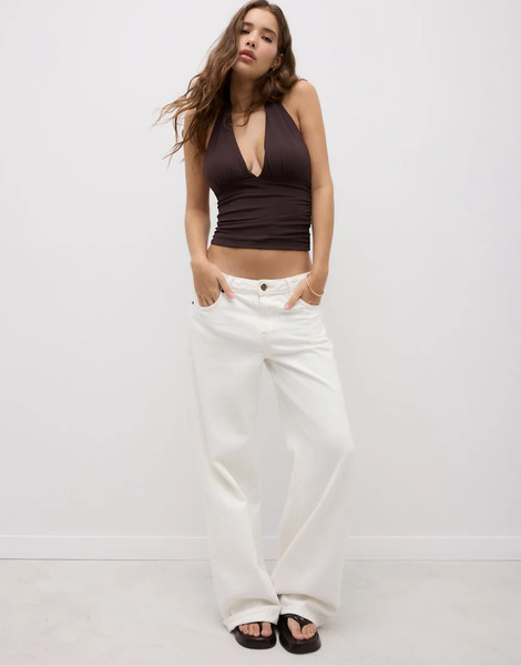  Stradivarius Gathered Halter Top In Brown 