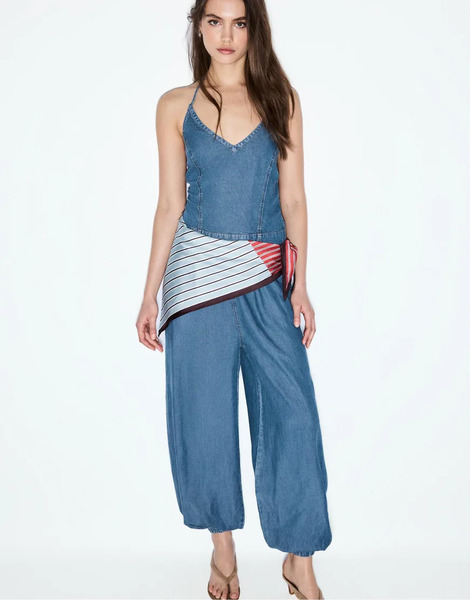  Stradivarius Halter Denim Jumpsuit With Scarf In Medium Light Blue Denim 